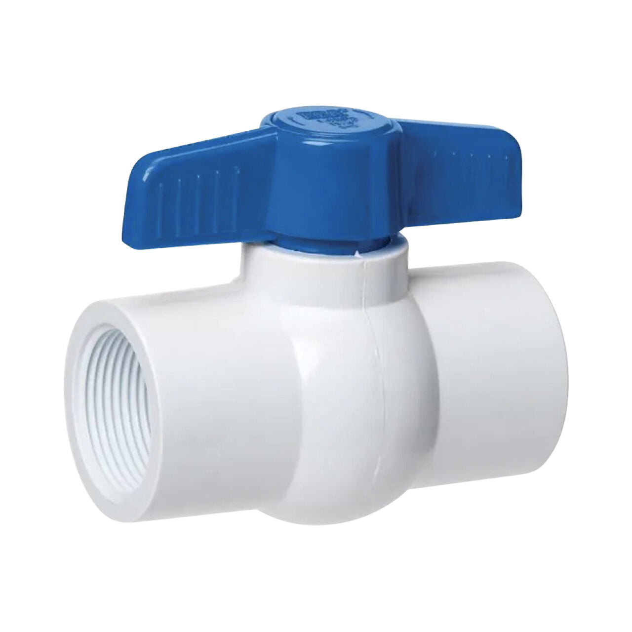 The Go Build 3/4 in. PVC Schedule 40 FIP x FIP Ball Valve features a white body, blue handle, and threaded ends for easy pipe connection—perfect as a shut-off valve in plumbing systems.